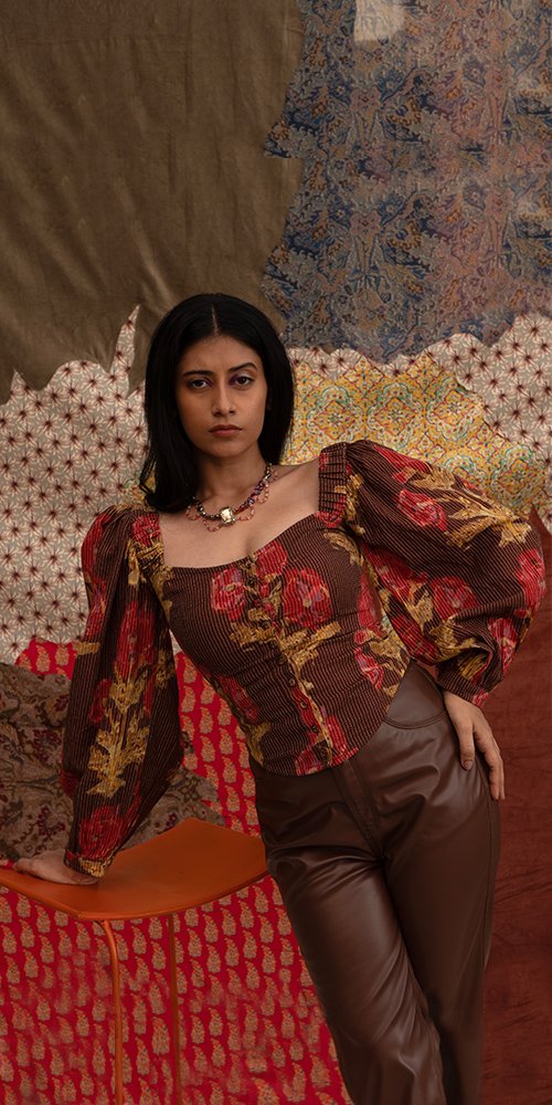 Goodmess brown print floral ikat corset blouse