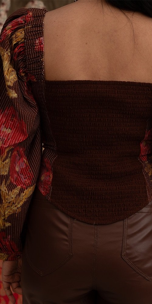 Goodmess brown print floral ikat corset blouse